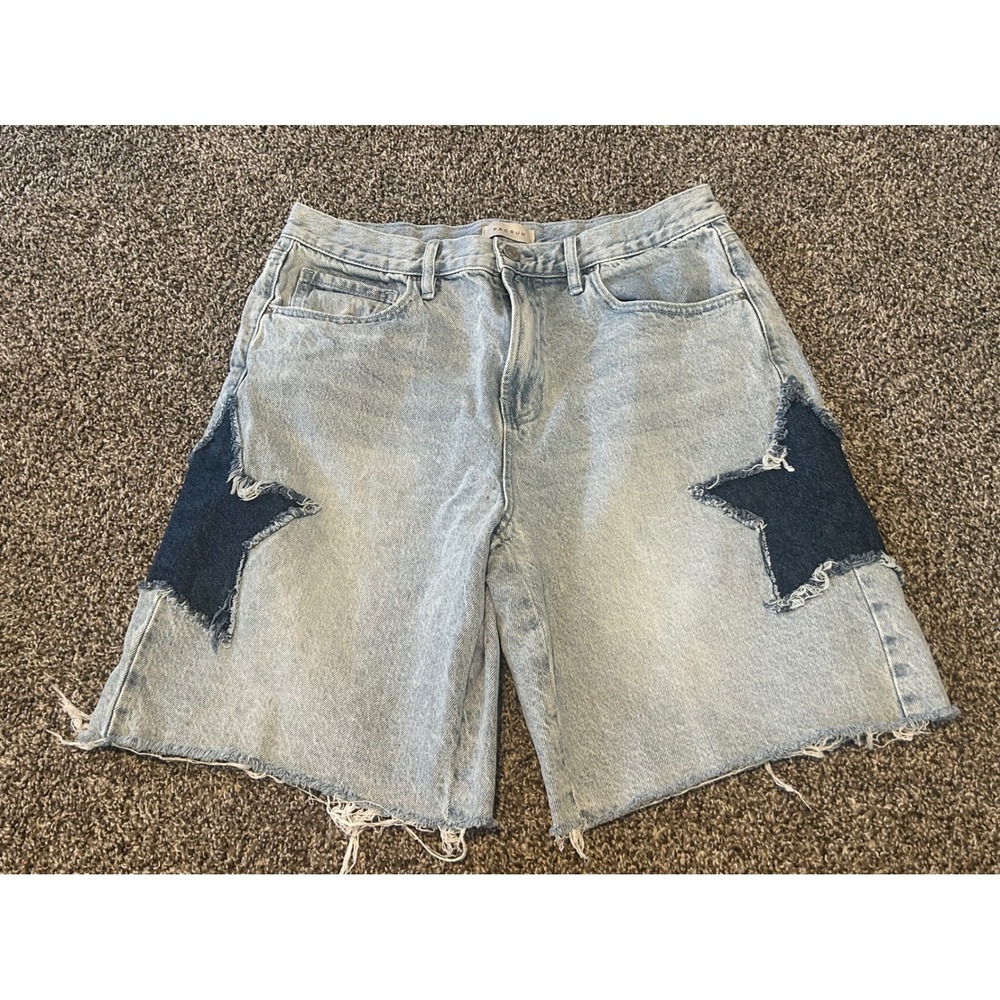 H7 PacSun Star Patch Denim Jorts Light Wash Frayed Hem Shorts Womens 29 Y2K